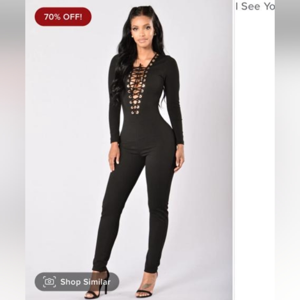 Fashion Nova Lace up black gold grommets jumpsuit, M